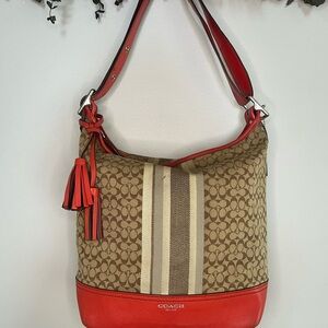 Coach Red and Brown Signature Legacy Striped Duffle Shoulder Bag